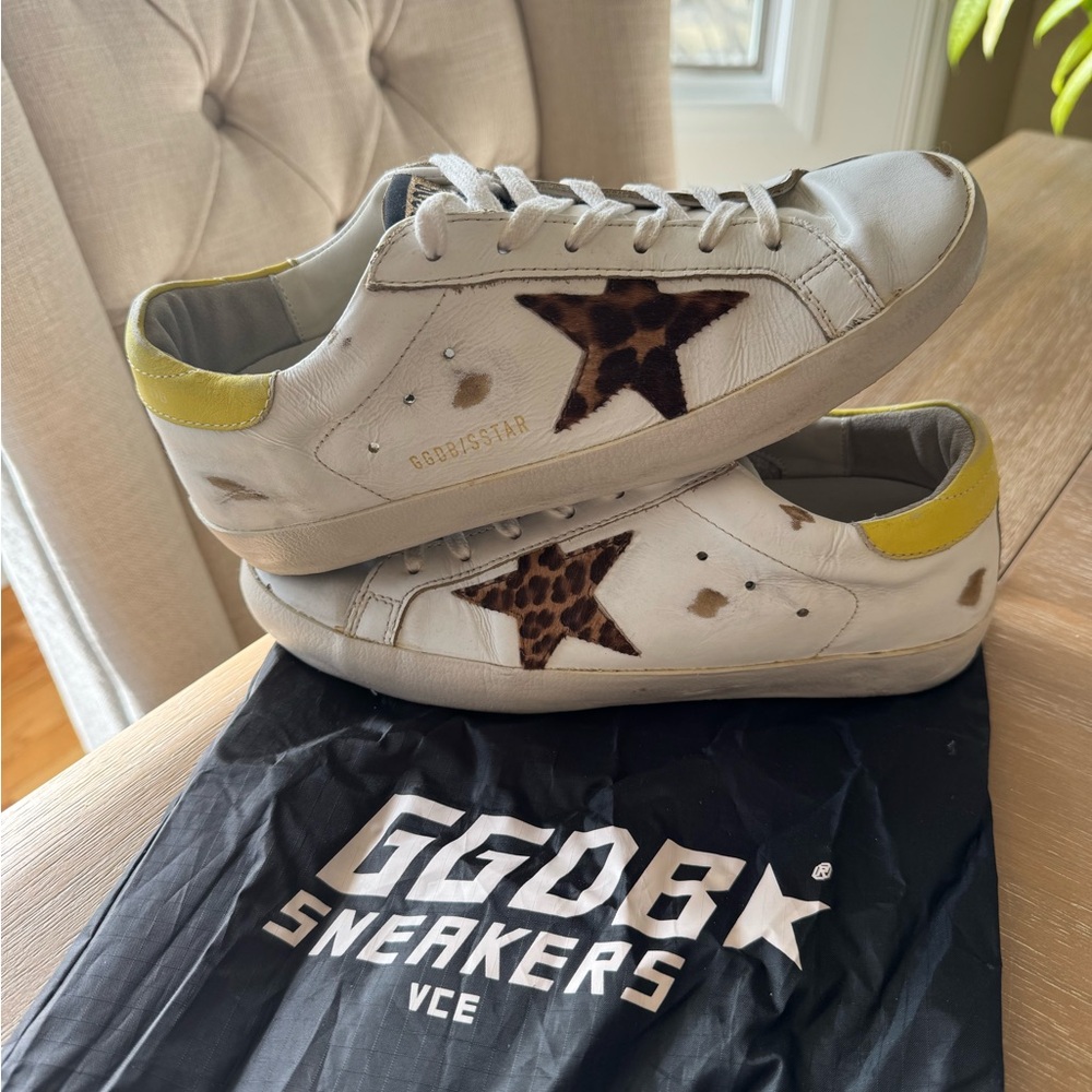 Golden Goose White Horse Leather Sneakers with Leopard Star and Yellow Heel